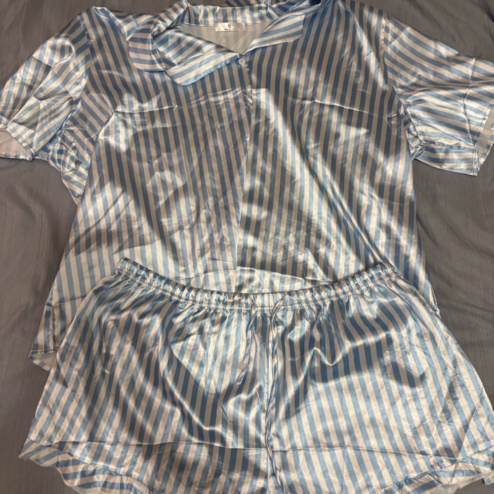 Light Blue and White Striped Satin Pajama Set